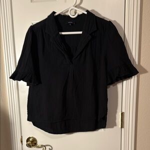 ME+EM Black Short Sleeve Ruffle Collar Blouse